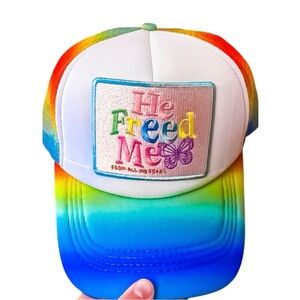 White Rainbow Gradient Trucker Hat with 'He Freed Me' Patch